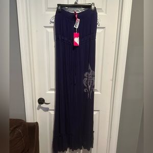 Navy Blue Strapless Maxi Dress with Embellishment